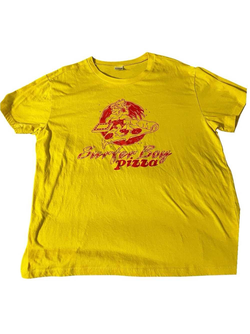 Gildan Yellow Tee with Red Surfer Boy Pizza Graphic - Picture 2 of 2